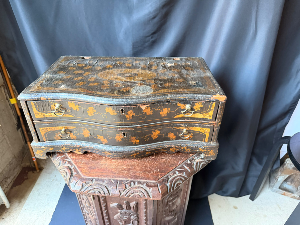 Antique Chinese Export Black Gilt Lacquer Chest 2 Drawers Grape Vine 19th C