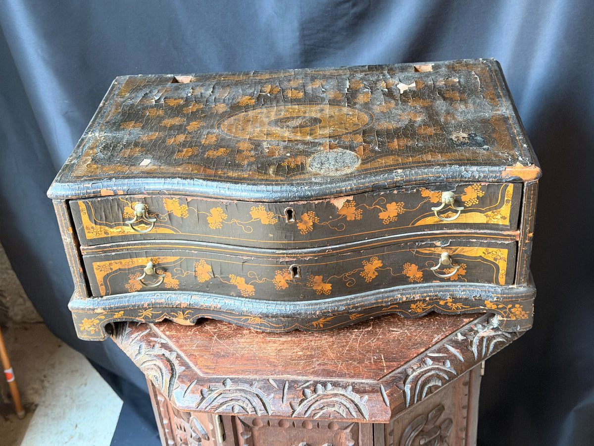 Antique Chinese Export Black Gilt Lacquer Chest 2 Drawers Grape Vine 19th C