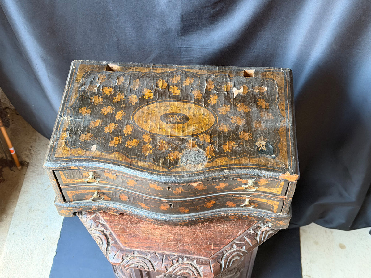 Antique Chinese Export Black Gilt Lacquer Chest 2 Drawers Grape Vine 19th C