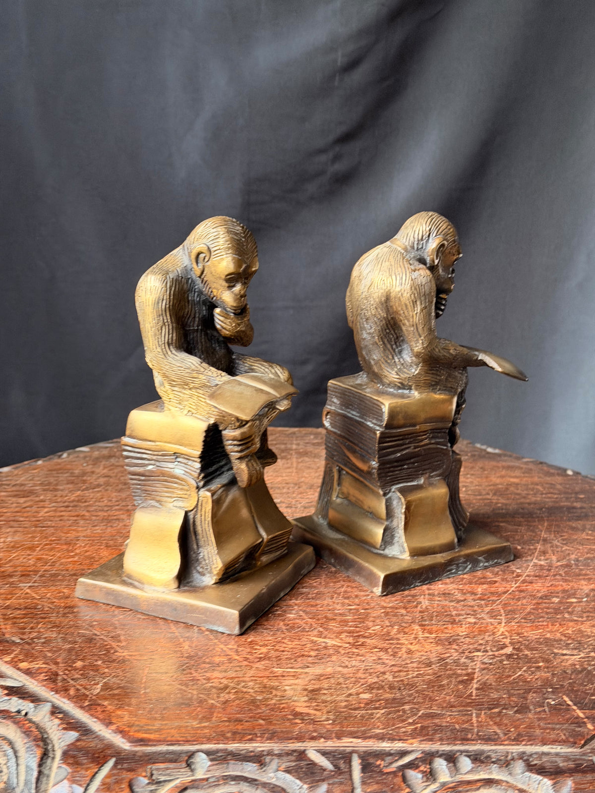 Brass Monkey Bookends Pair Darwin Thinking Chimpanzee Reading Books 7 in