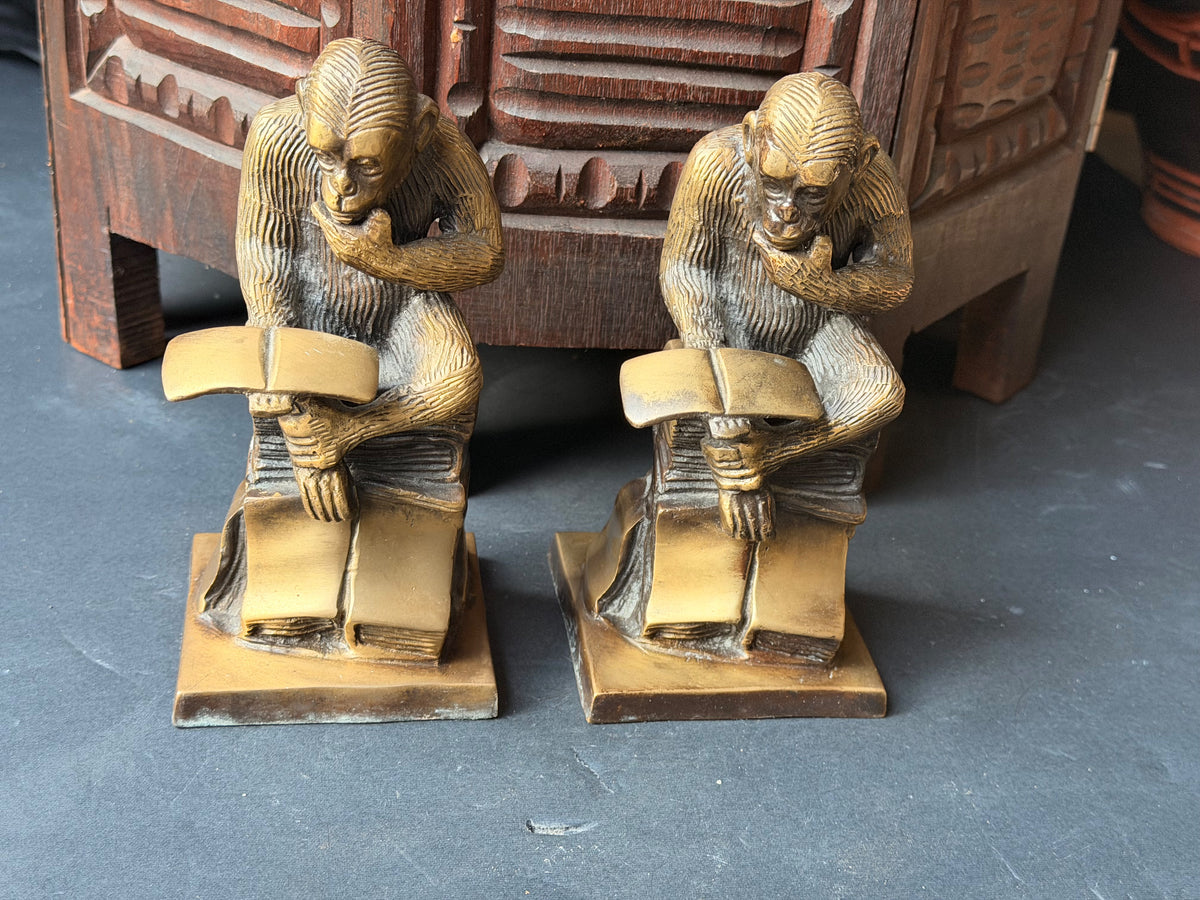 Brass Monkey Bookends Pair Darwin Thinking Chimpanzee Reading Books 7 in