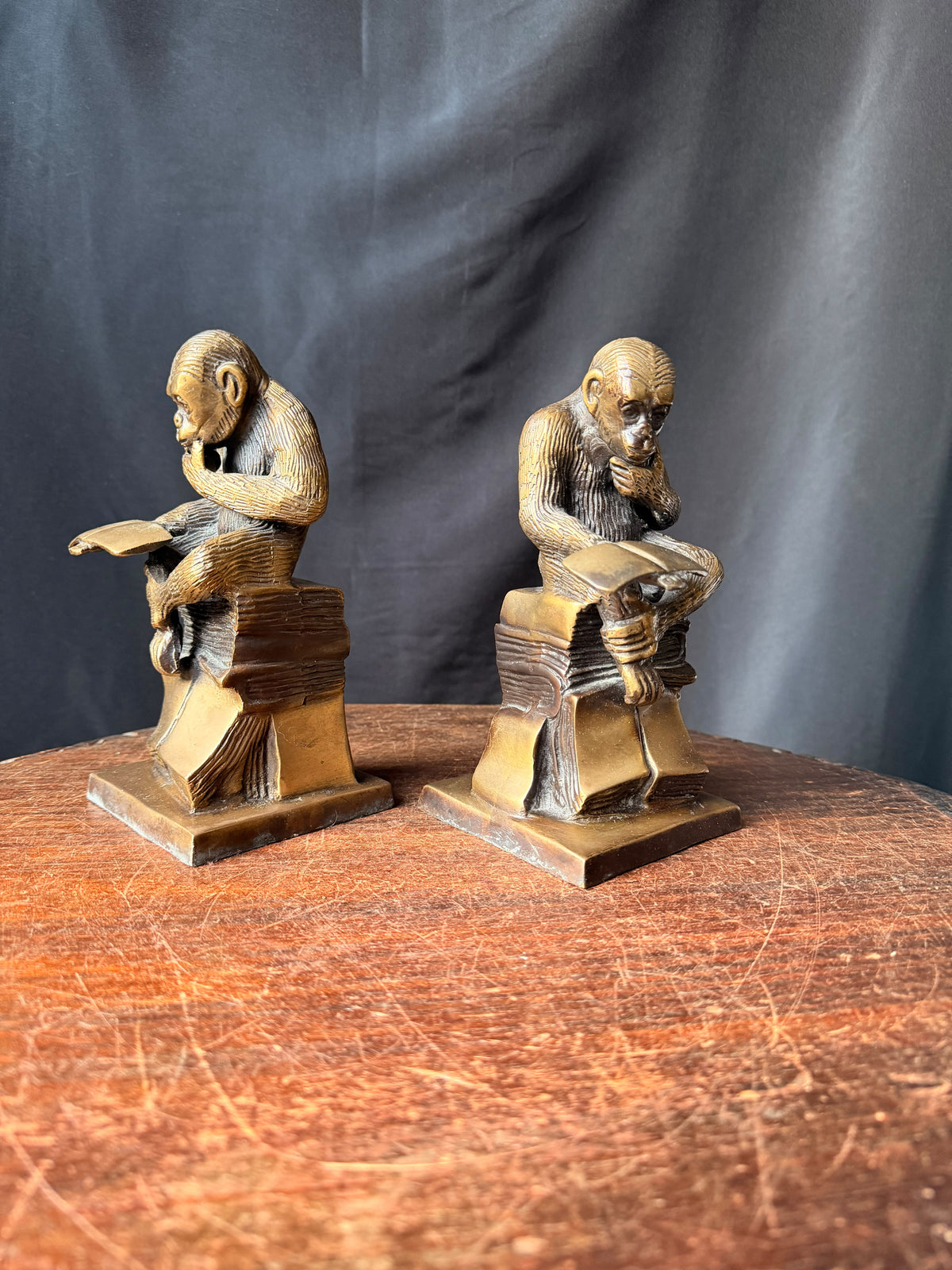Brass Monkey Bookends Pair Darwin Thinking Chimpanzee Reading Books 7 in