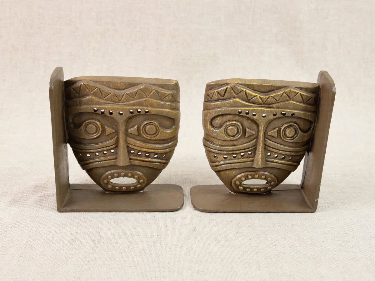 Vintage Tribal Mask Bookends Pair Mid Century Tiki Gold Tone Cast Metal 6.5 in