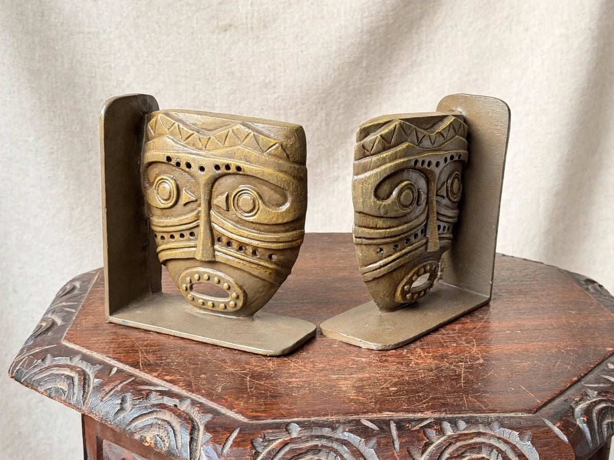 Vintage Tribal Mask Bookends Pair Mid Century Tiki Gold Tone Cast Metal 6.5 in