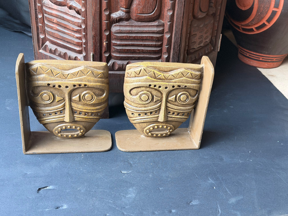 Vintage Tribal Mask Bookends Pair Mid Century Tiki Gold Tone Cast Metal 6.5 in