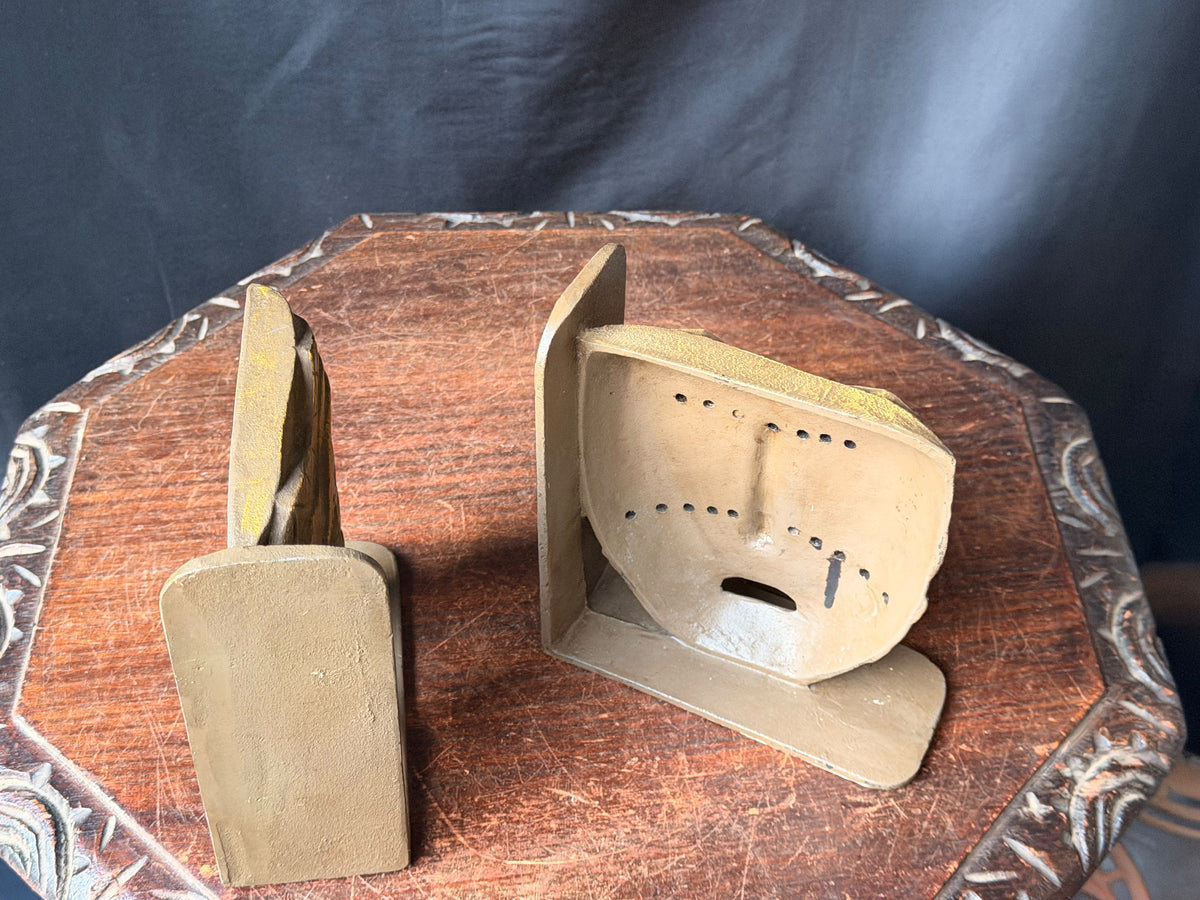 Vintage Tribal Mask Bookends Pair Mid Century Tiki Gold Tone Cast Metal 6.5 in