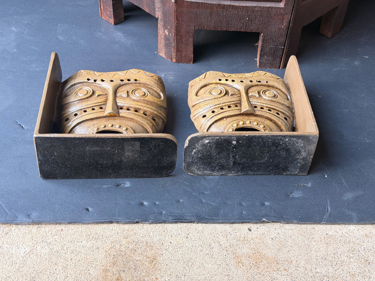 Vintage Tribal Mask Bookends Pair Mid Century Tiki Gold Tone Cast Metal 6.5 in