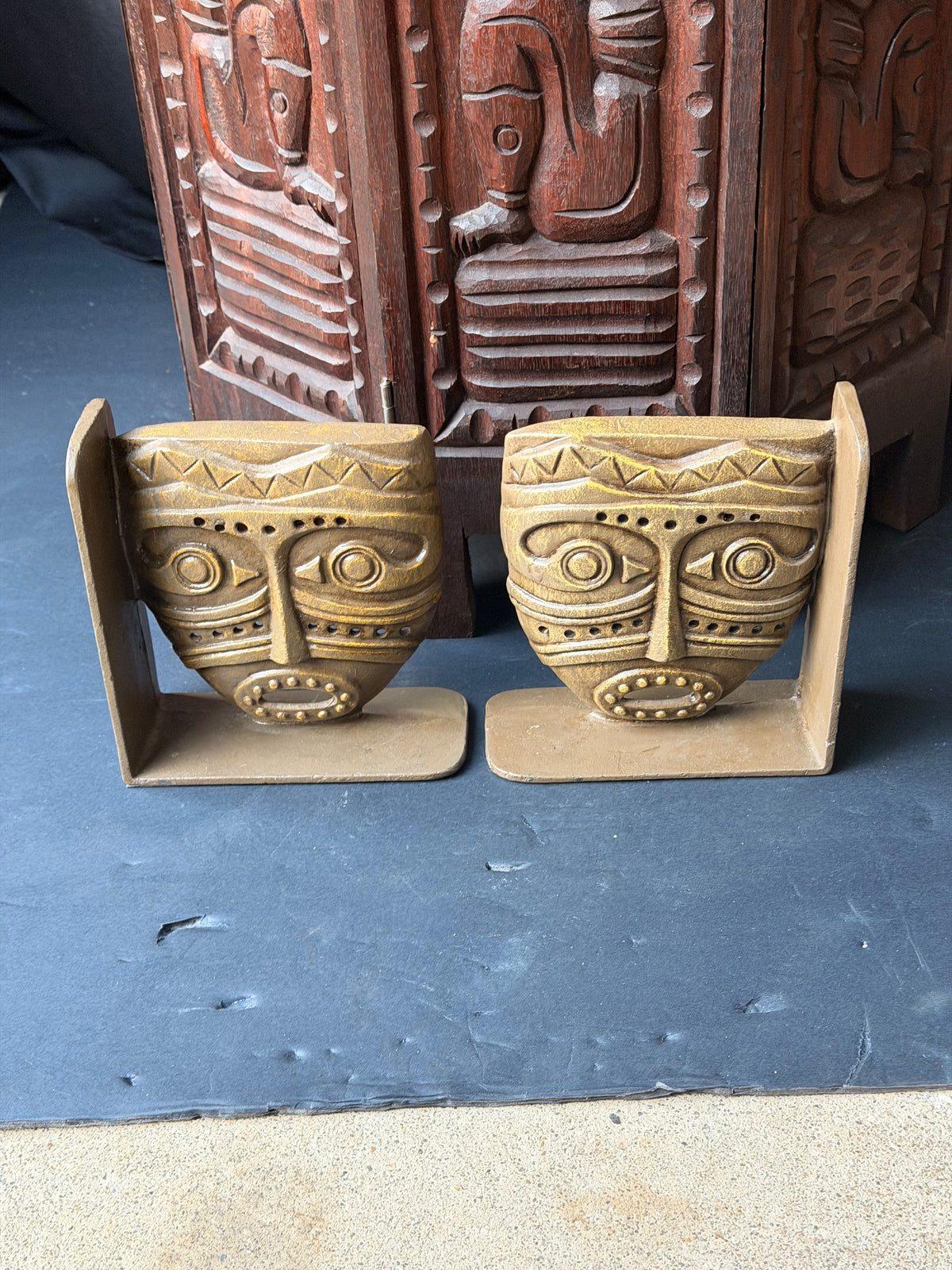 Vintage Tribal Mask Bookends Pair Mid Century Tiki Gold Tone Cast Metal 6.5 in