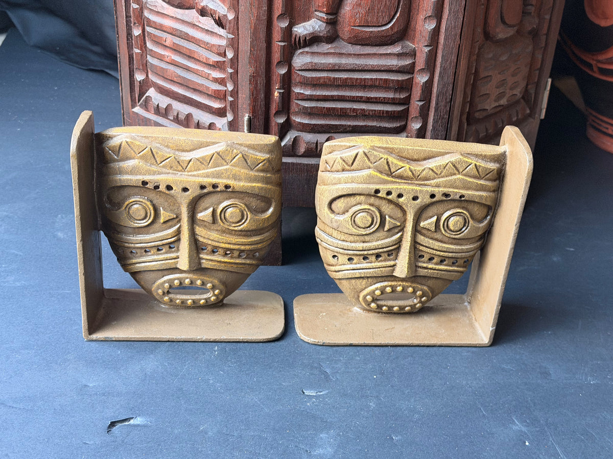 Vintage Tribal Mask Bookends Pair Mid Century Tiki Gold Tone Cast Metal 6.5 in