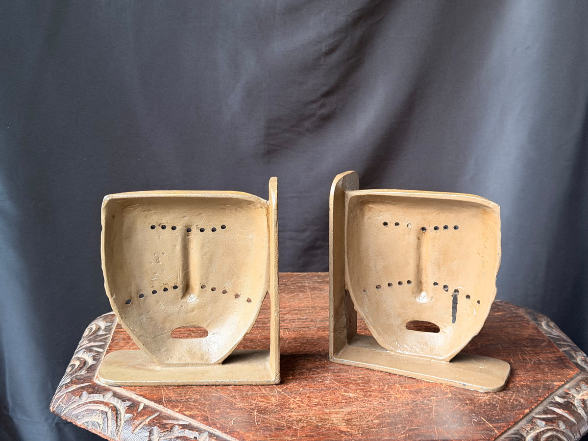 Vintage Tribal Mask Bookends Pair Mid Century Tiki Gold Tone Cast Metal 6.5 in
