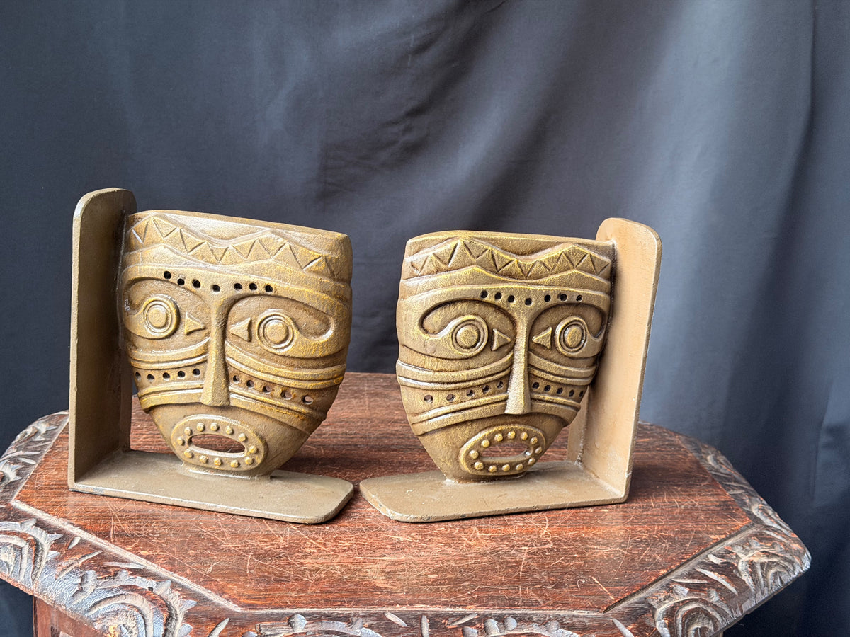 Vintage Tribal Mask Bookends Pair Mid Century Tiki Gold Tone Cast Metal 6.5 in