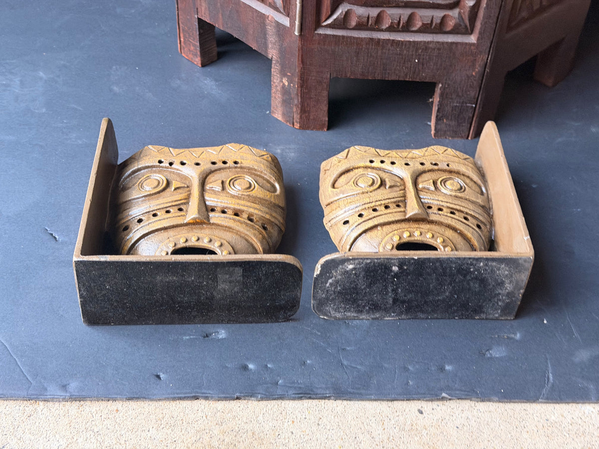 Vintage Tribal Mask Bookends Pair Mid Century Tiki Gold Tone Cast Metal 6.5 in
