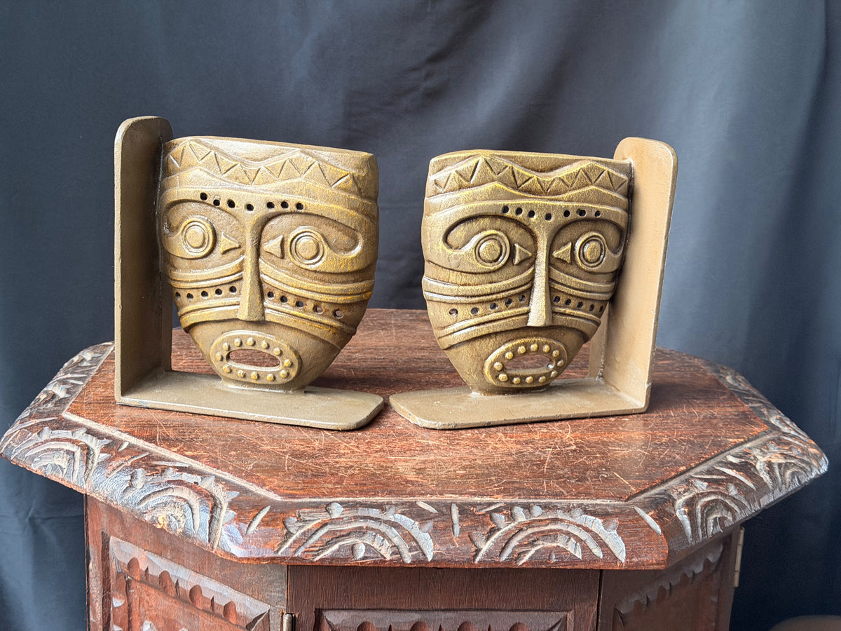 Vintage Tribal Mask Bookends Pair Mid Century Tiki Gold Tone Cast Metal 6.5 in
