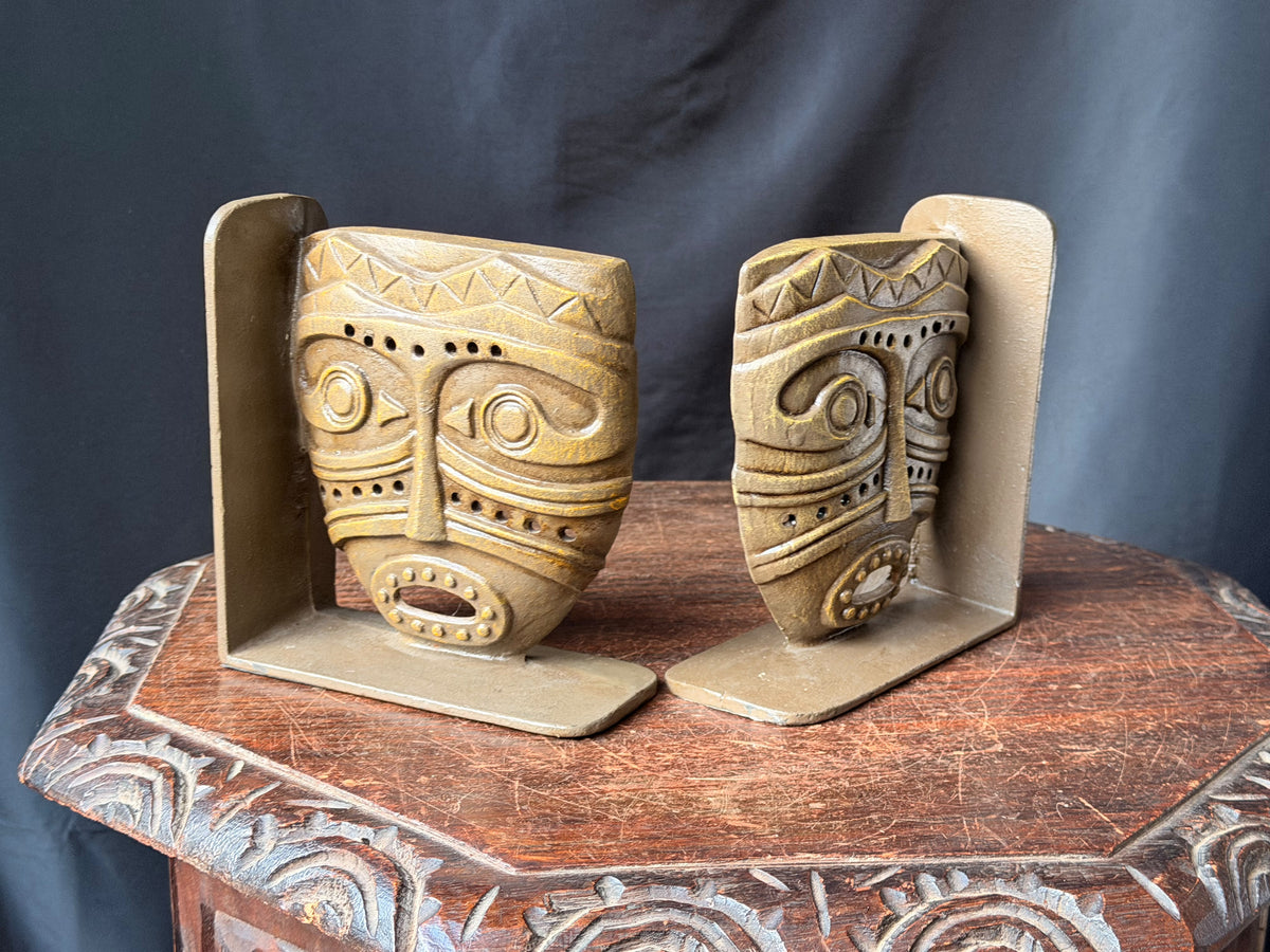 Vintage Tribal Mask Bookends Pair Mid Century Tiki Gold Tone Cast Metal 6.5 in