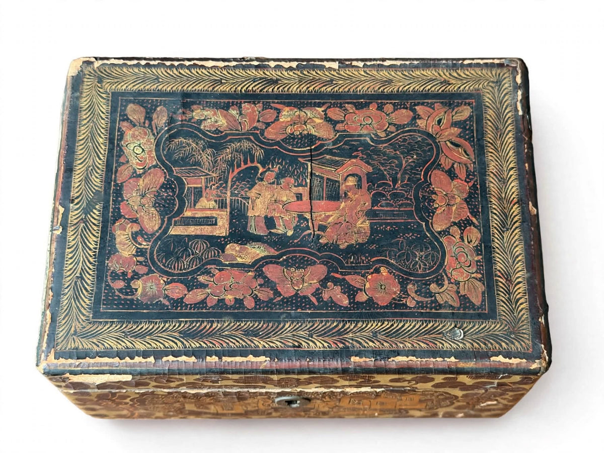 Antique Chinese Export Gilt Lacquer Box Figural Garden Scenes Black Red 6.5 in