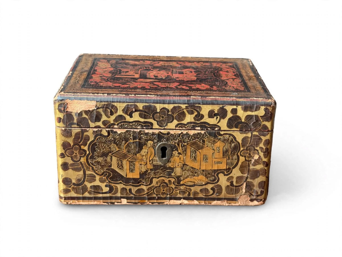 Antique Chinese Export Gilt Lacquer Box Figural Garden Scenes Black Red 6.5 in