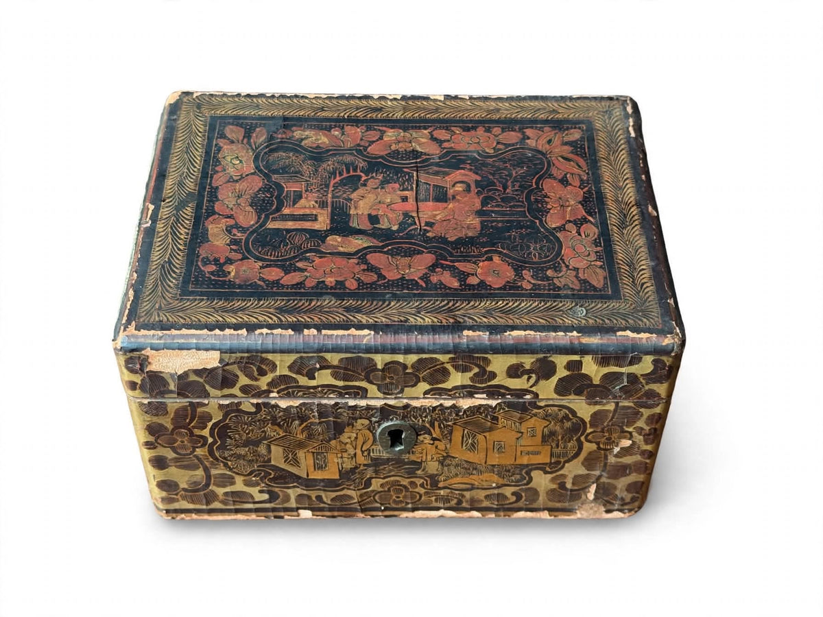 Antique Chinese Export Gilt Lacquer Box Figural Garden Scenes Black Red 6.5 in