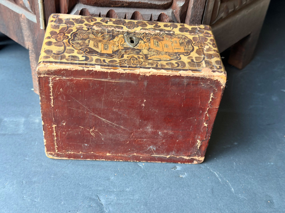 Antique Chinese Export Gilt Lacquer Box Figural Garden Scenes Black Red 6.5 in