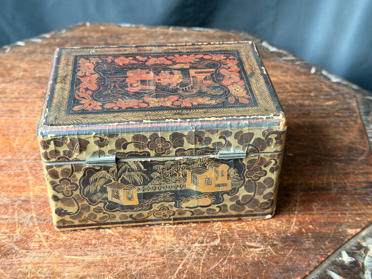 Antique Chinese Export Gilt Lacquer Box Figural Garden Scenes Black Red 6.5 in