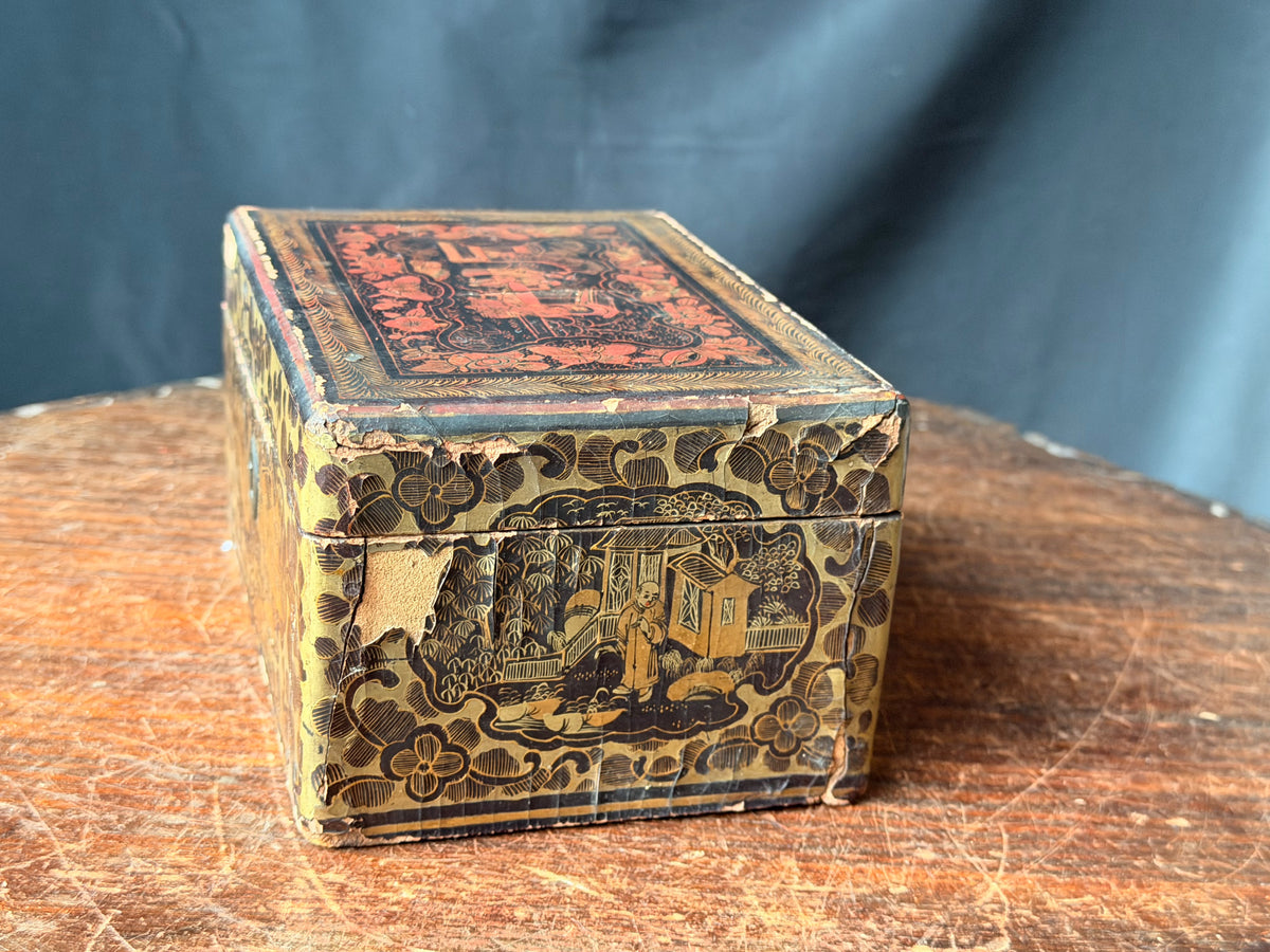 Antique Chinese Export Gilt Lacquer Box Figural Garden Scenes Black Red 6.5 in