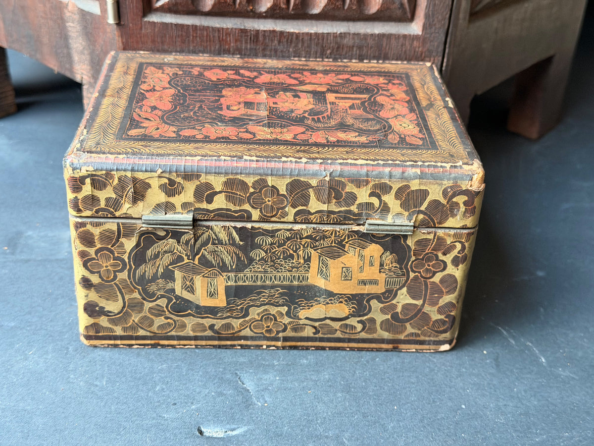 Antique Chinese Export Gilt Lacquer Box Figural Garden Scenes Black Red 6.5 in