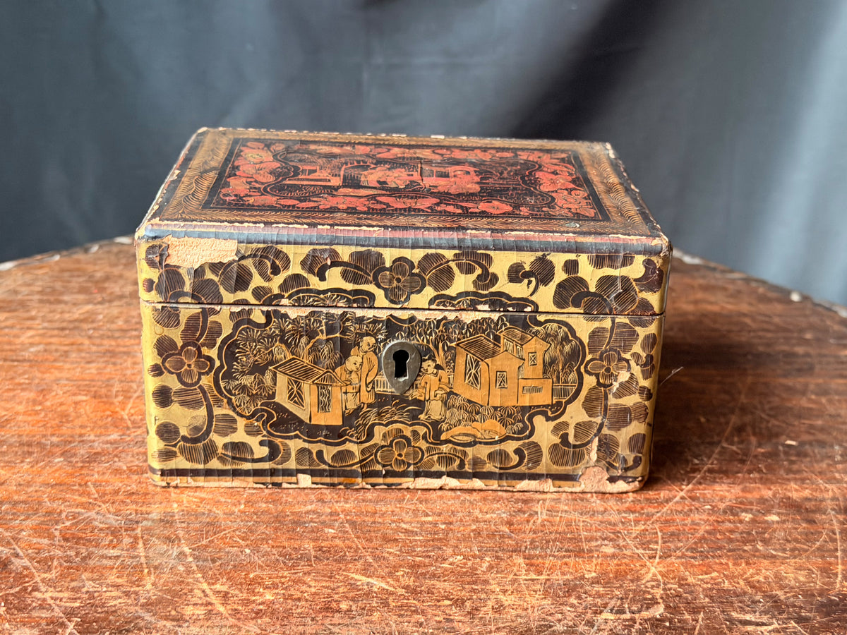 Antique Chinese Export Gilt Lacquer Box Figural Garden Scenes Black Red 6.5 in