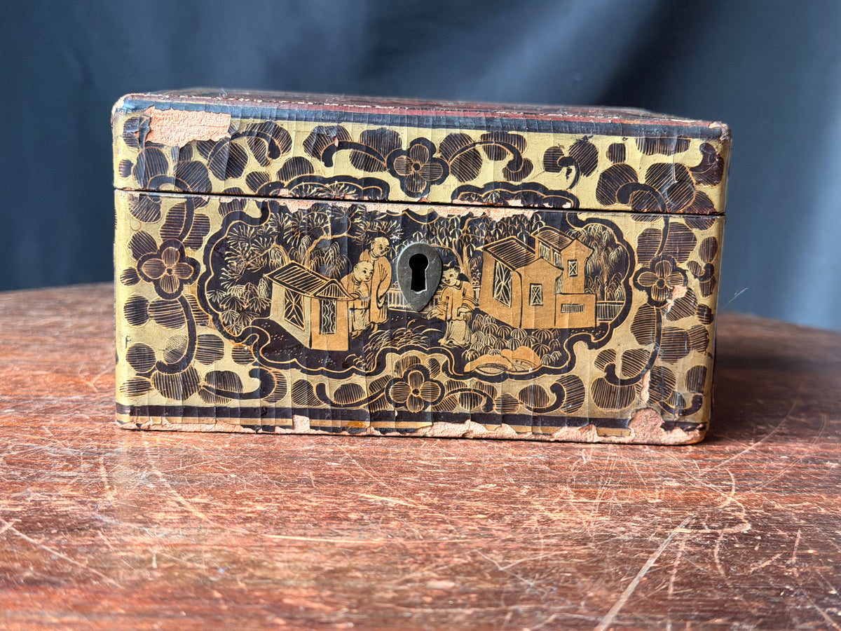 Antique Chinese Export Gilt Lacquer Box Figural Garden Scenes Black Red 6.5 in