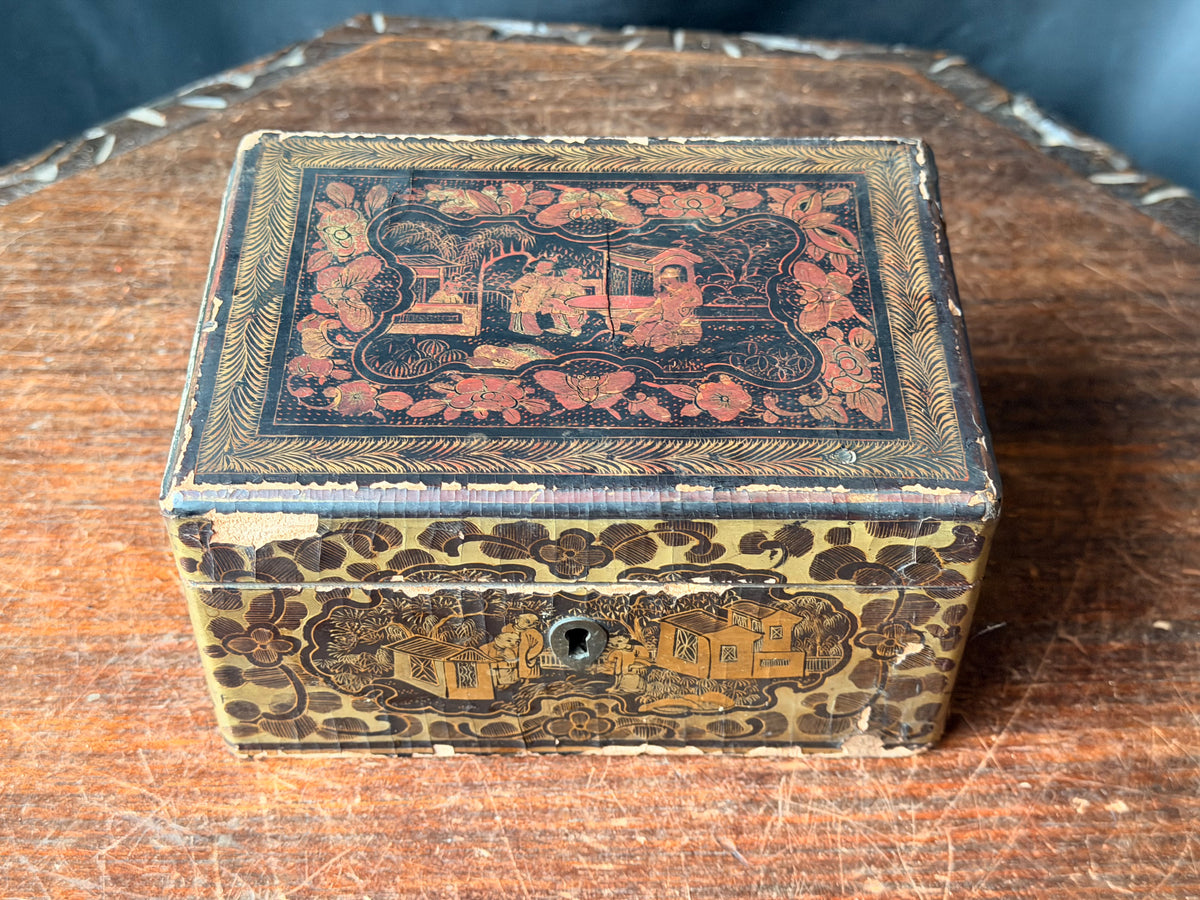 Antique Chinese Export Gilt Lacquer Box Figural Garden Scenes Black Red 6.5 in