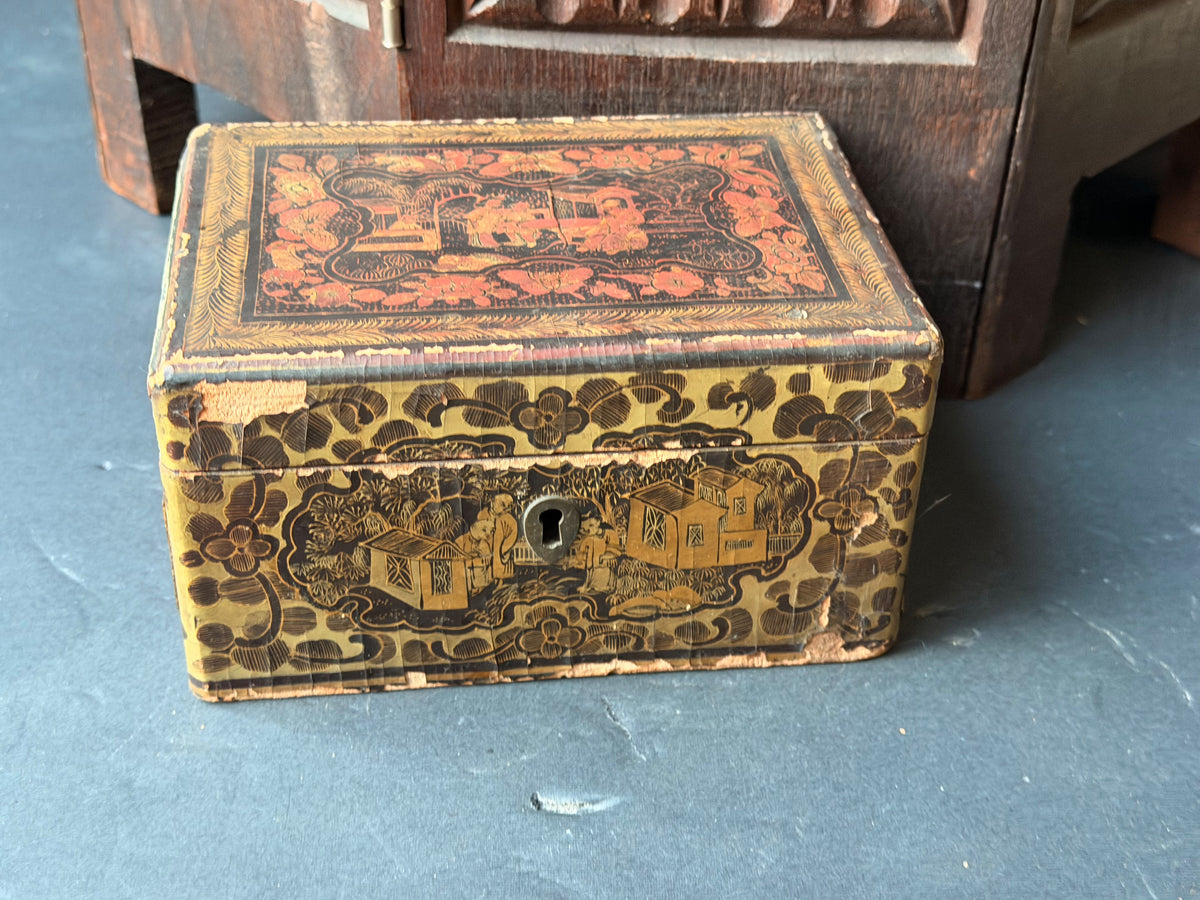 Antique Chinese Export Gilt Lacquer Box Figural Garden Scenes Black Red 6.5 in