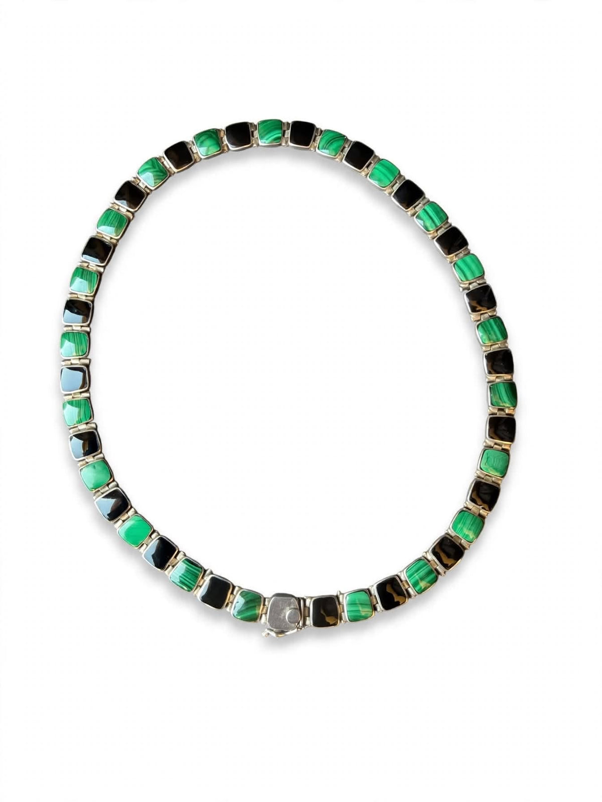 Vintage Chile 950 Silver Malachite Black Onyx Hinged Link Collar Necklace 45g
