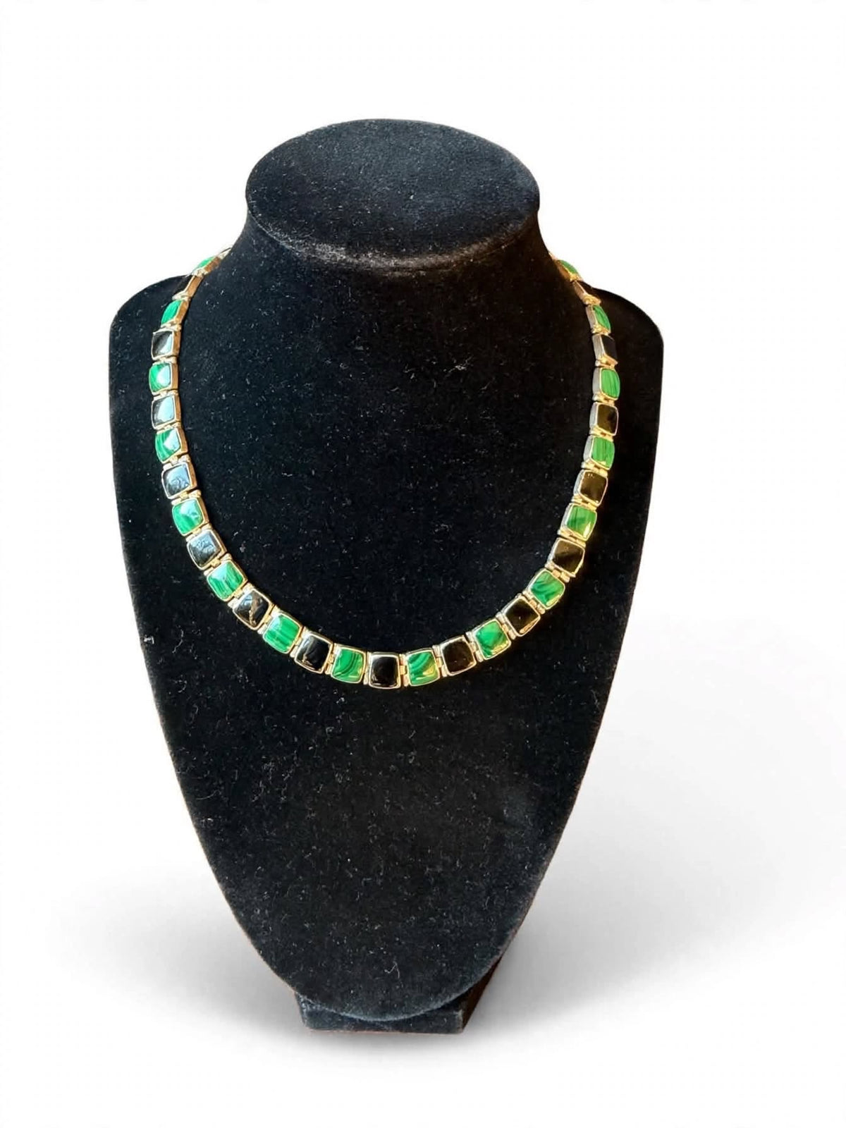 Vintage Chile 950 Silver Malachite Black Onyx Hinged Link Collar Necklace 45g