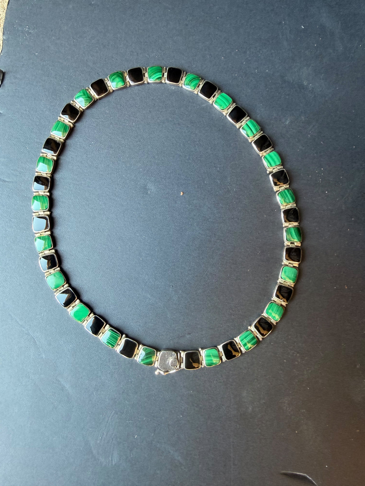Vintage Chile 950 Silver Malachite Black Onyx Hinged Link Collar Necklace 45g