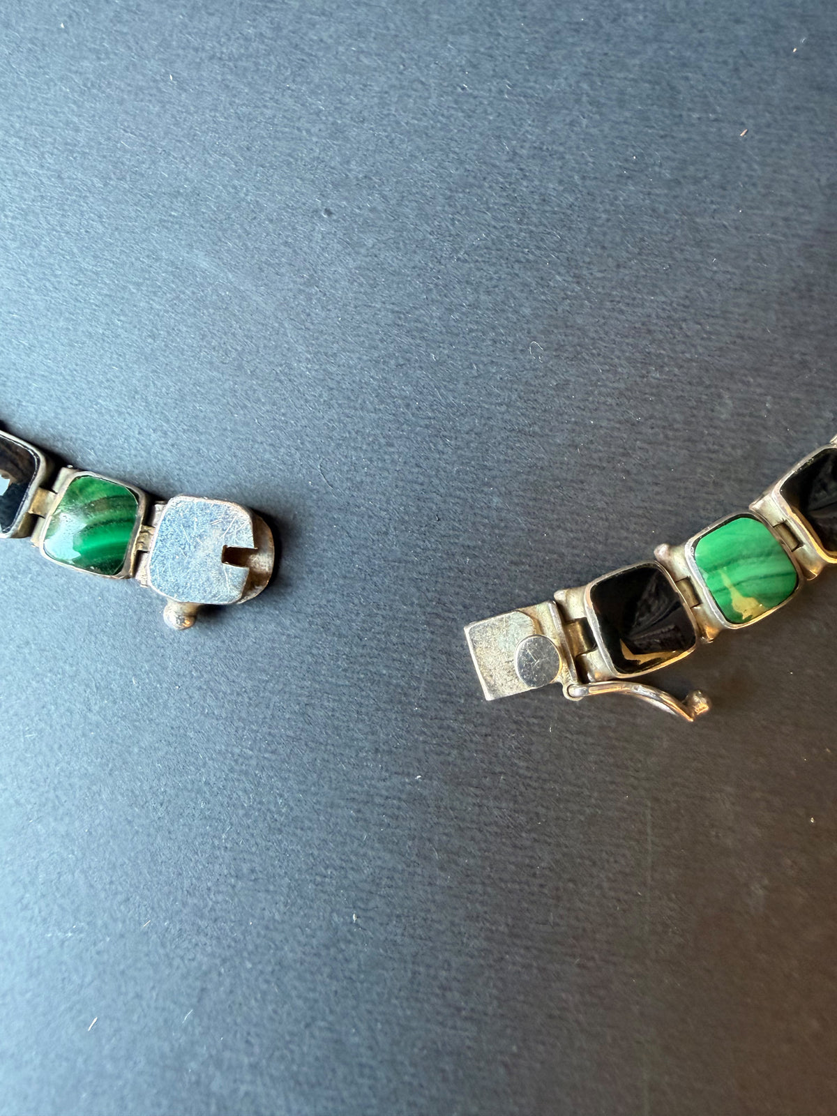 Vintage Chile 950 Silver Malachite Black Onyx Hinged Link Collar Necklace 45g