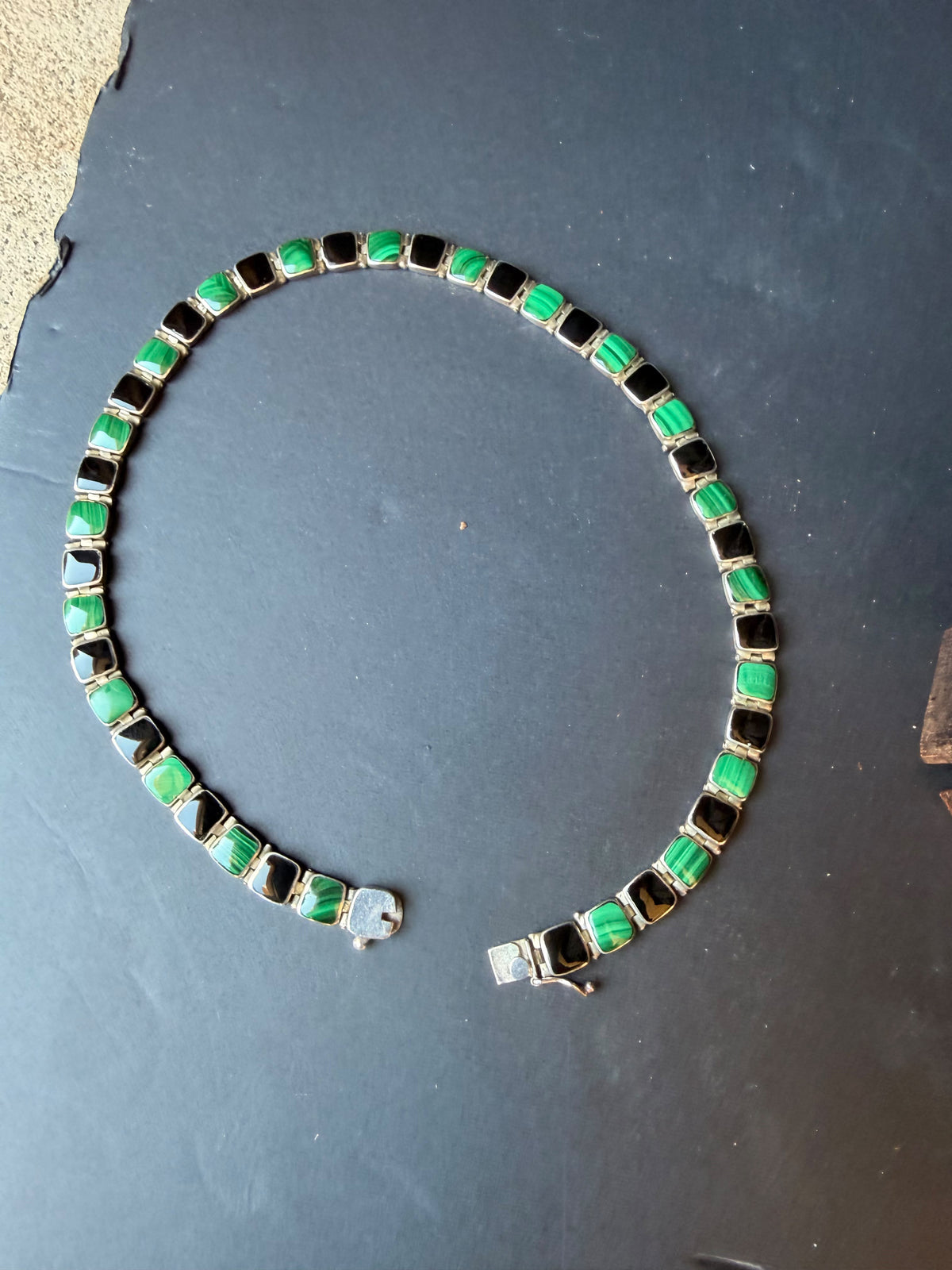 Vintage Chile 950 Silver Malachite Black Onyx Hinged Link Collar Necklace 45g