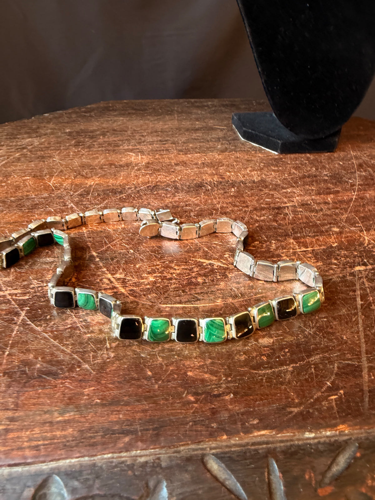 Vintage Chile 950 Silver Malachite Black Onyx Hinged Link Collar Necklace 45g