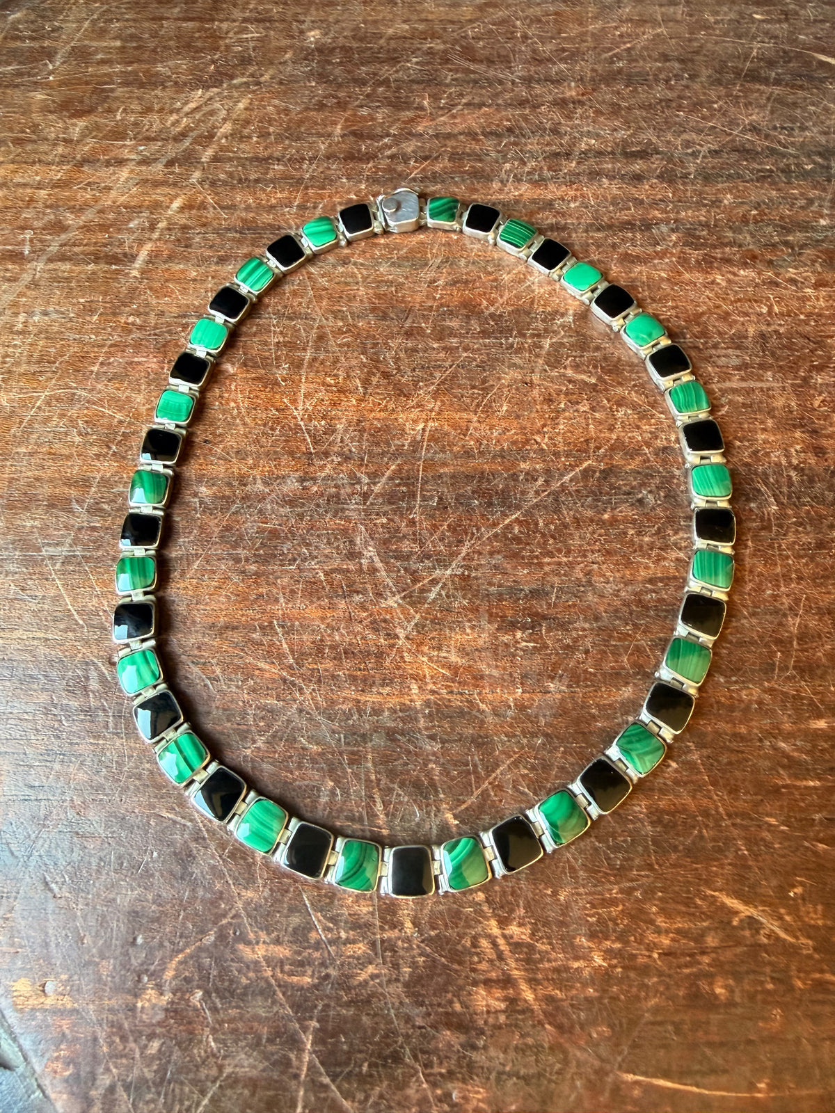 Vintage Chile 950 Silver Malachite Black Onyx Hinged Link Collar Necklace 45g