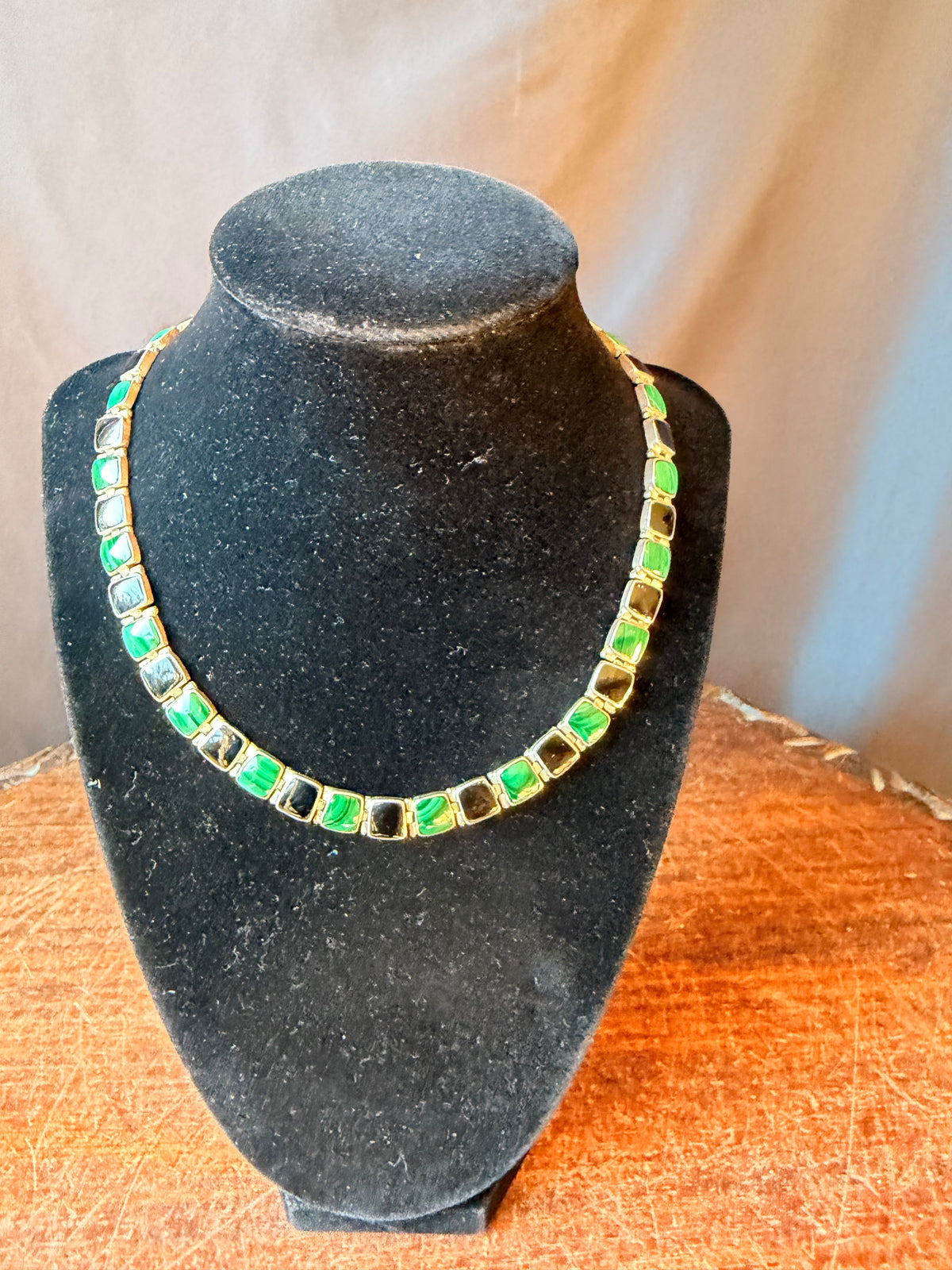 Vintage Chile 950 Silver Malachite Black Onyx Hinged Link Collar Necklace 45g