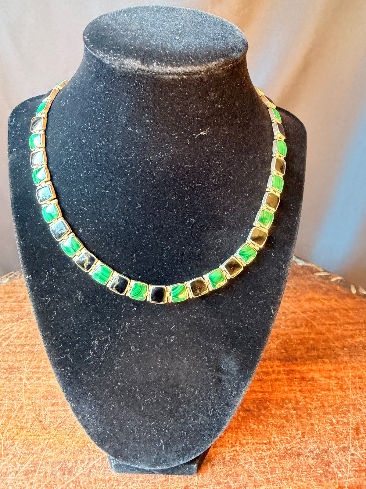 Vintage Chile 950 Silver Malachite Black Onyx Hinged Link Collar Necklace 45g