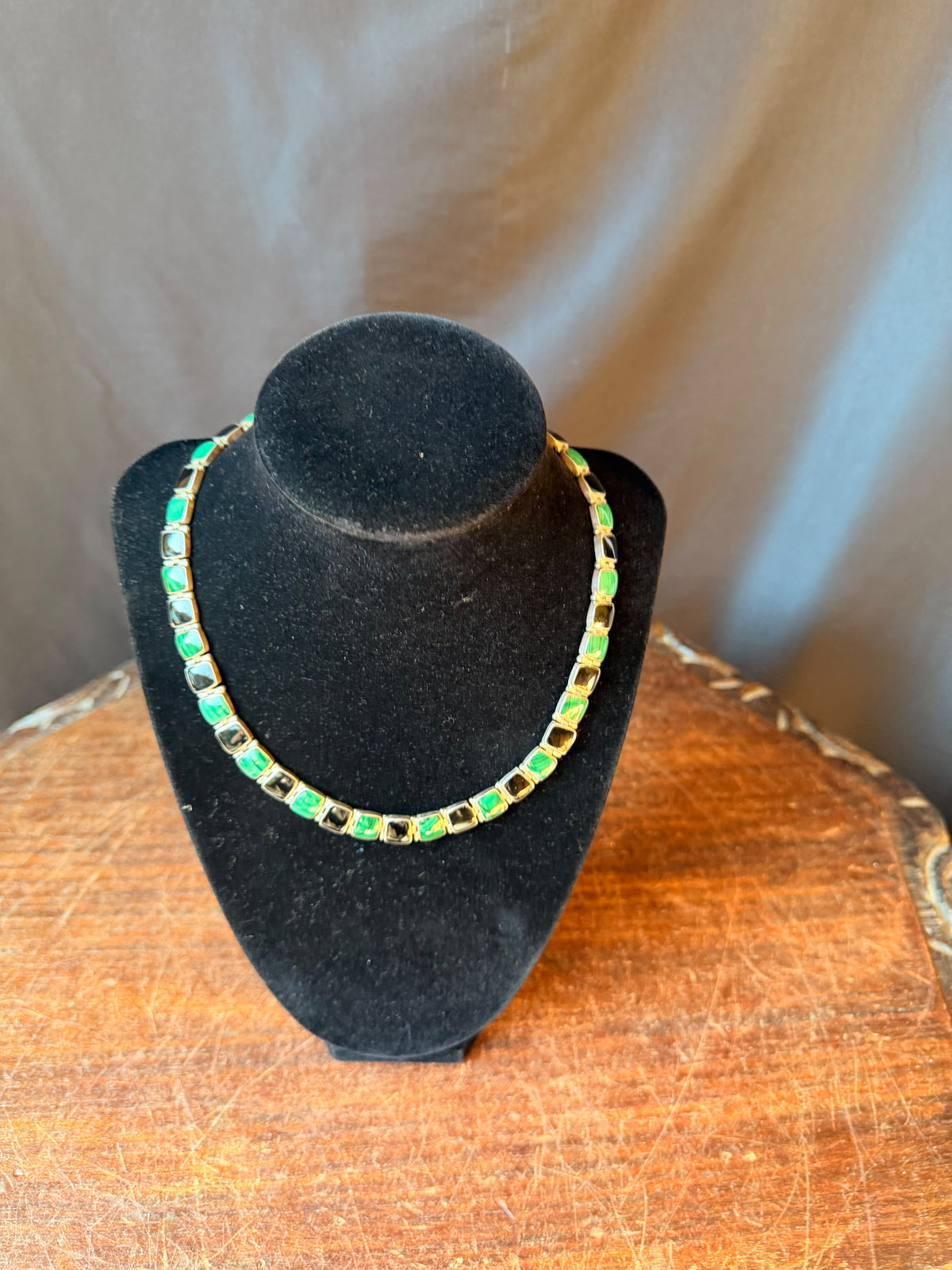 Vintage Chile 950 Silver Malachite Black Onyx Hinged Link Collar Necklace 45g