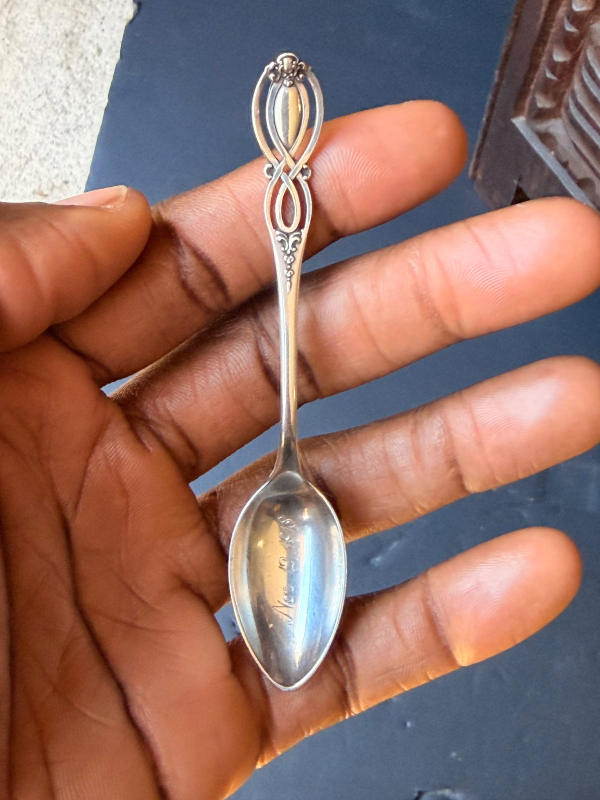 Antique Alvin Sterling Silver Demitasse Spoon Openwork Handle Engraved 1918