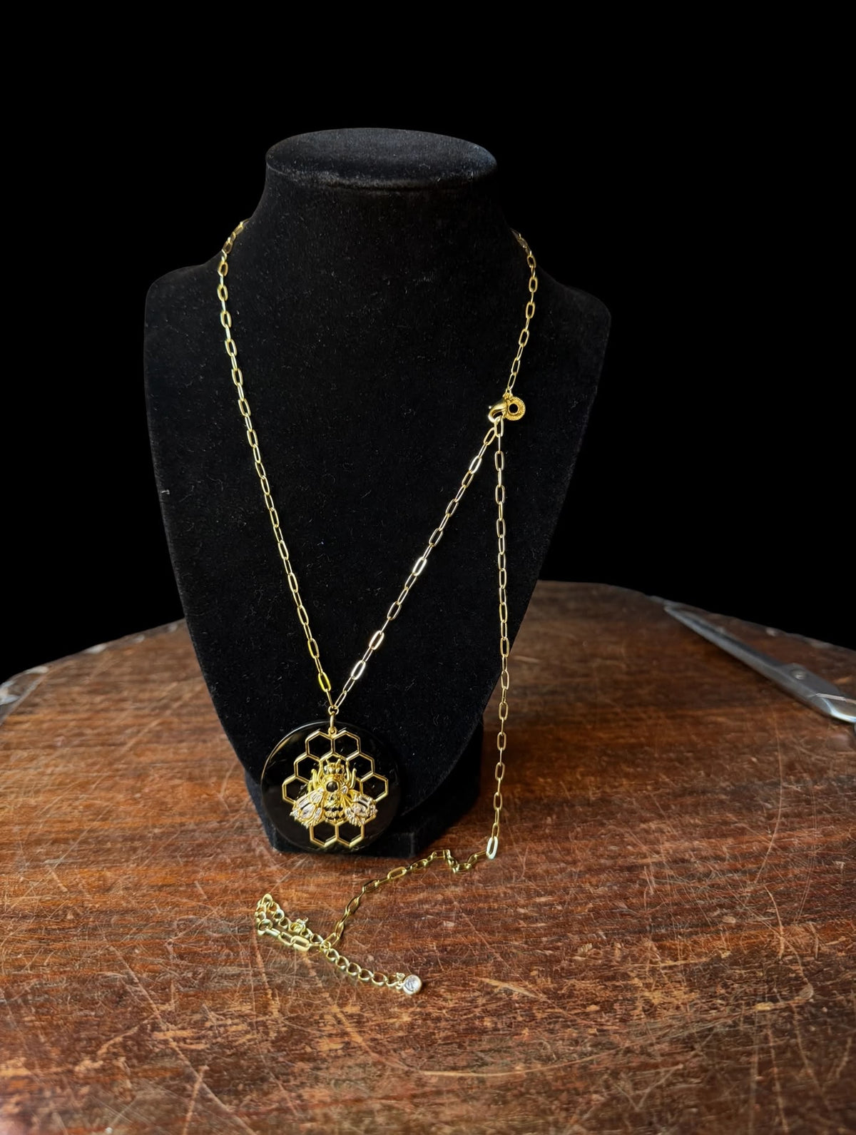 CZ by Kenneth Jay Lane Bee Honeycomb Black Pendant Gold Tone Necklace 32 in
