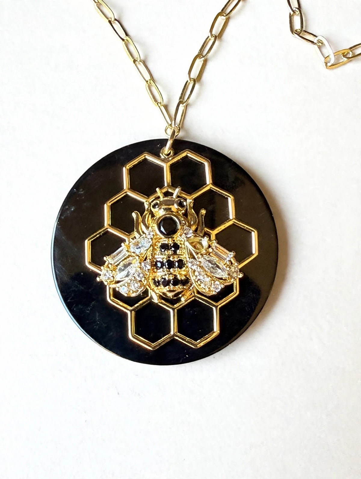 CZ by Kenneth Jay Lane Bee Honeycomb Black Pendant Gold Tone Necklace 32 in