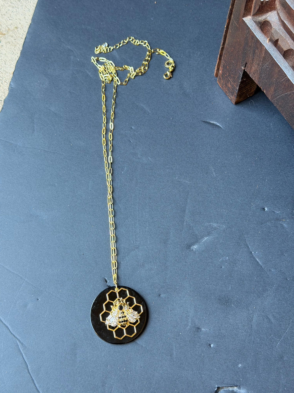CZ by Kenneth Jay Lane Bee Honeycomb Black Pendant Gold Tone Necklace 32 in
