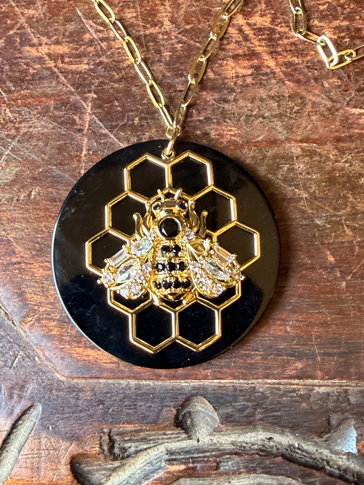 CZ by Kenneth Jay Lane Bee Honeycomb Black Pendant Gold Tone Necklace 32 in