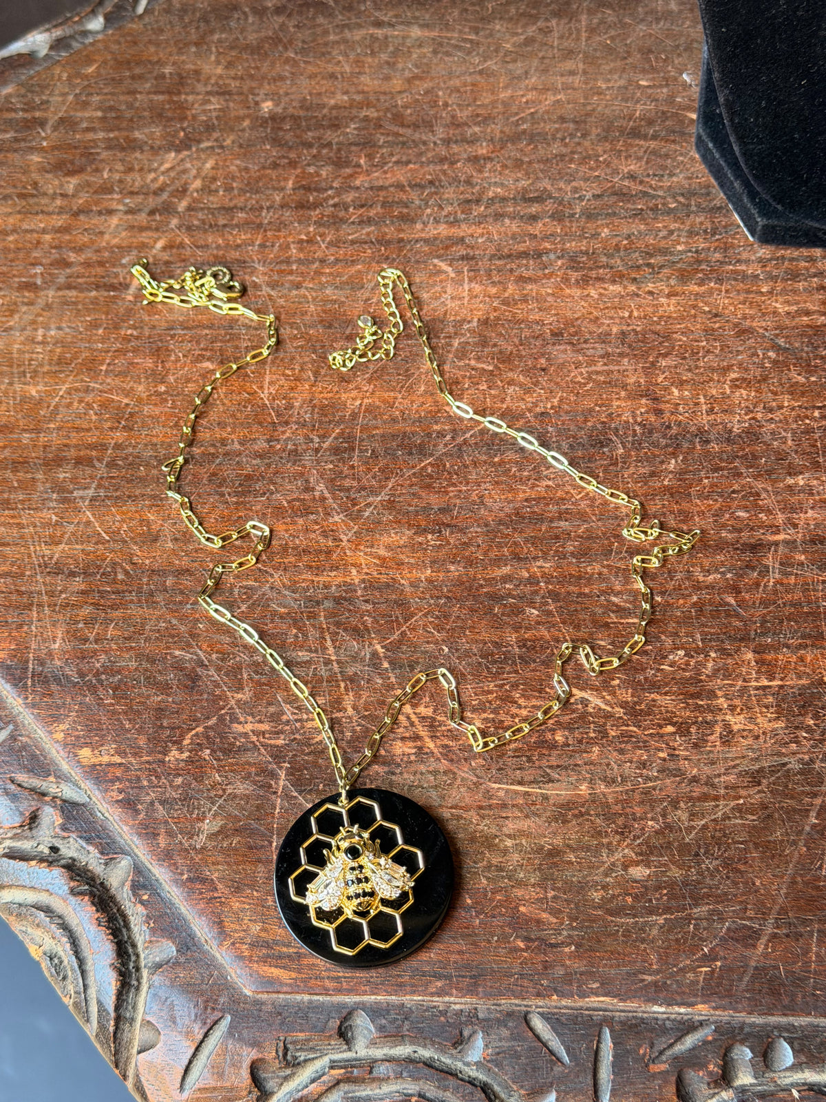 CZ by Kenneth Jay Lane Bee Honeycomb Black Pendant Gold Tone Necklace 32 in