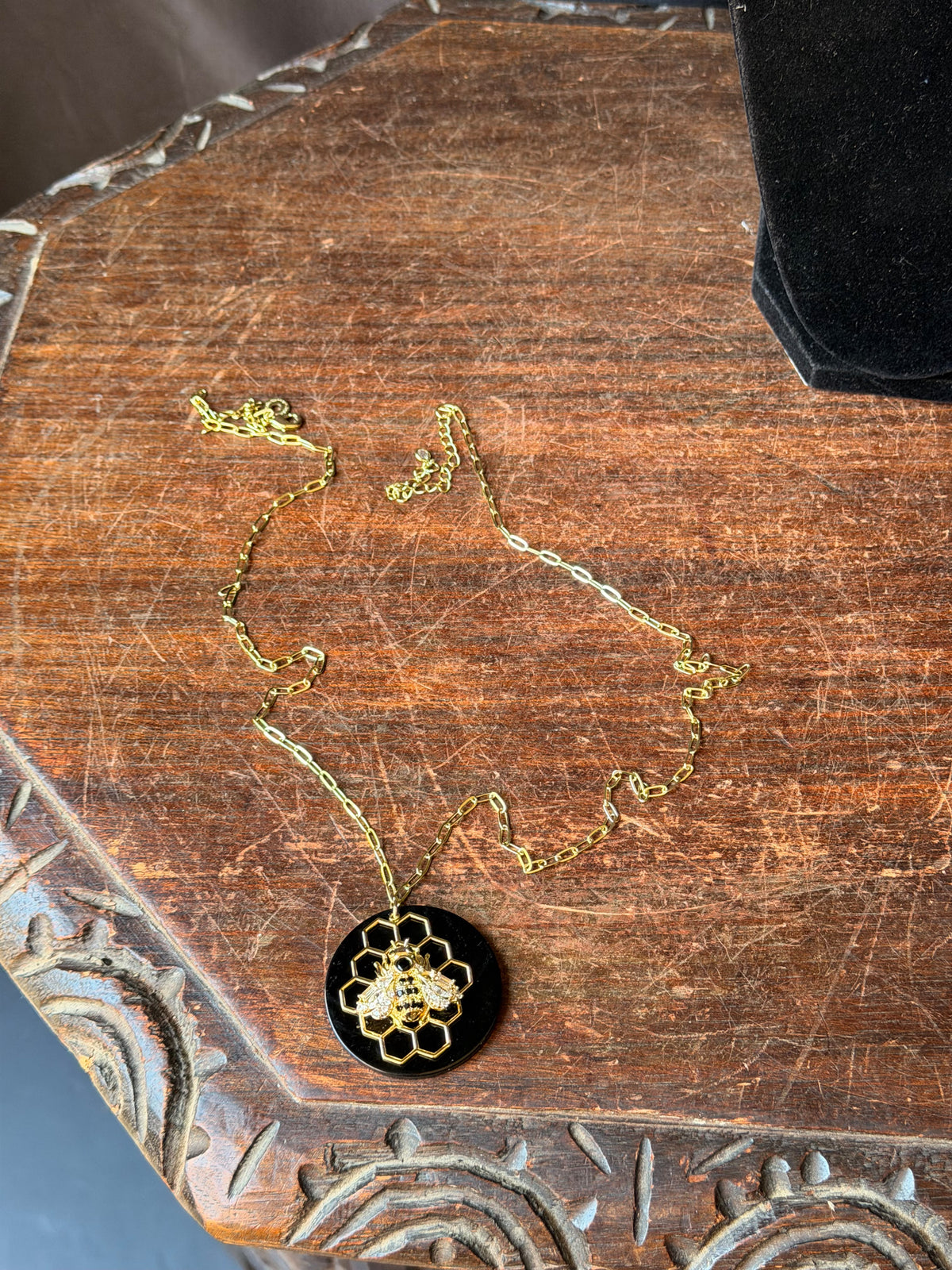 CZ by Kenneth Jay Lane Bee Honeycomb Black Pendant Gold Tone Necklace 32 in