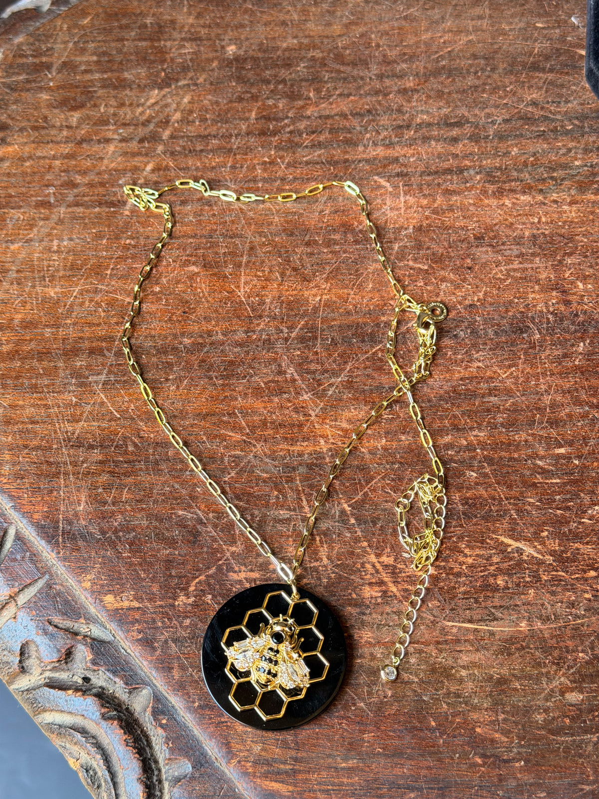 CZ by Kenneth Jay Lane Bee Honeycomb Black Pendant Gold Tone Necklace 32 in
