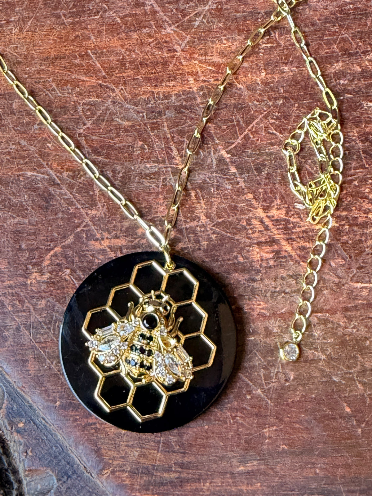 CZ by Kenneth Jay Lane Bee Honeycomb Black Pendant Gold Tone Necklace 32 in