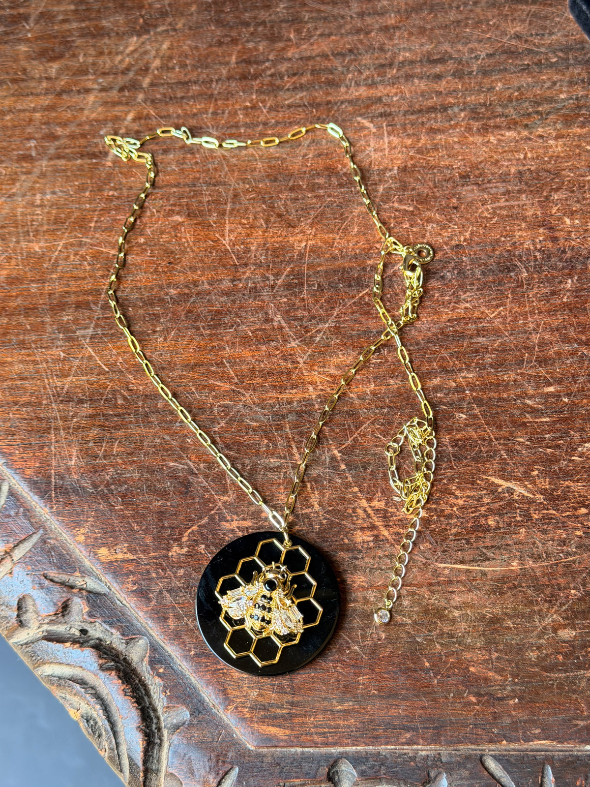 CZ by Kenneth Jay Lane Bee Honeycomb Black Pendant Gold Tone Necklace 32 in
