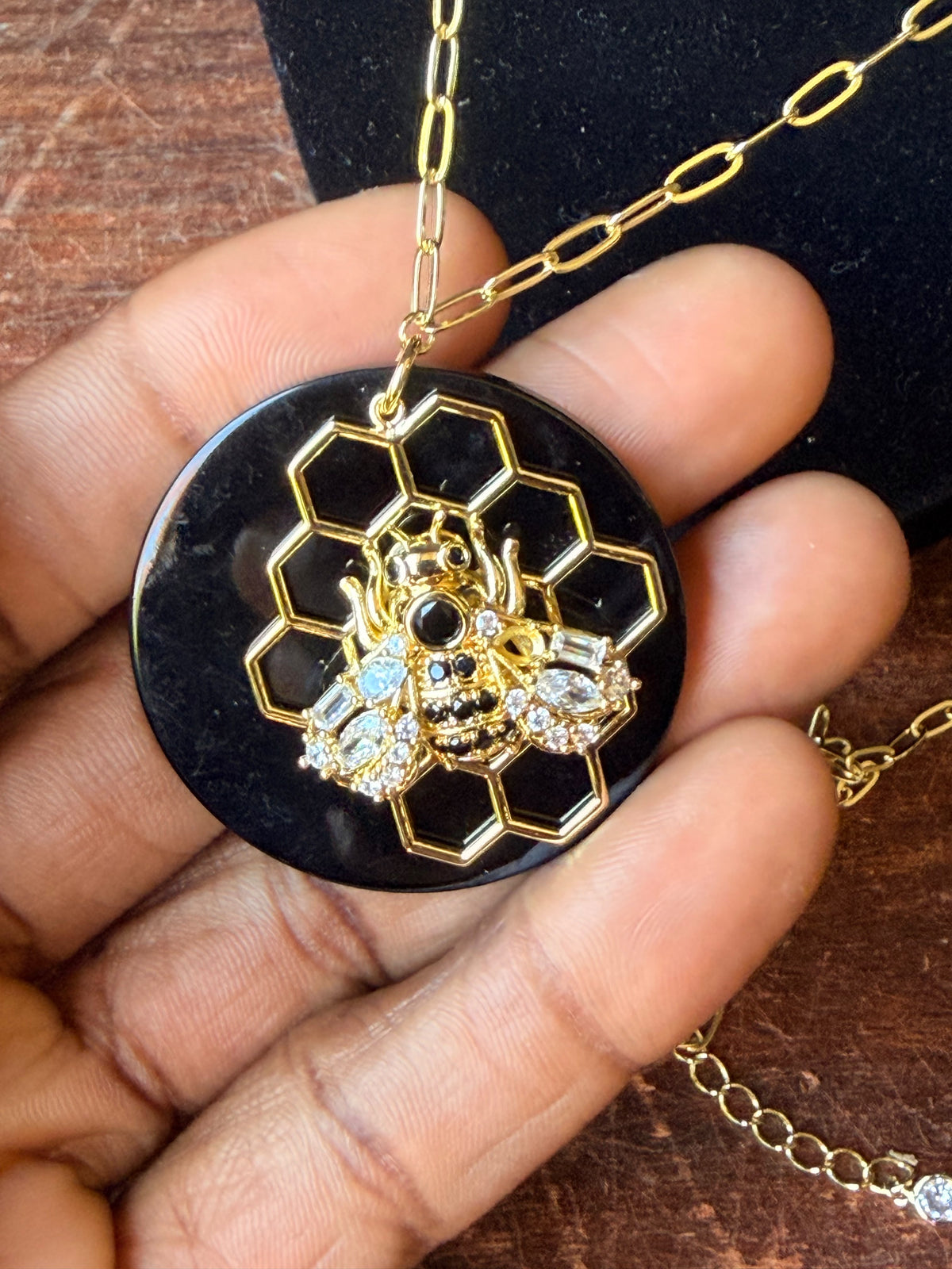 CZ by Kenneth Jay Lane Bee Honeycomb Black Pendant Gold Tone Necklace 32 in